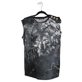 Balmain-Balmain Grey/Black/White Cotton Wolf Print Tank Top With Gold Buttons-Multiple colors
