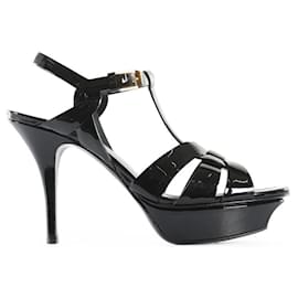 Saint Laurent-Saint Laurent Black Patent Leather Platform Open Toe Tribute Sandals-Black