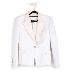 Balmain-Balmain White/Cream Viscose/Tweed & Silk Trims Blazer With Gold Buttons-White