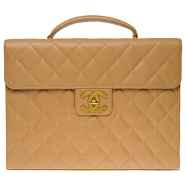 Chanel-Chanel Briefcase in beige quilted caviar leather-Beige