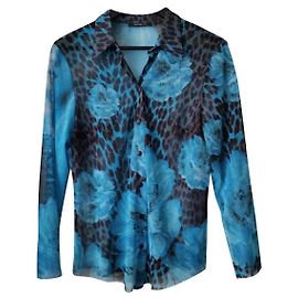 Autre Marque Garella Tulle Mesh Shirt Blue and Chocolate Flower Pattern Blue Chocolate