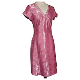 Marc Jacobs-MARC JACOBS BROCHED SILK DRESS 23 BRANDEBOURGS PEARLS T38/40-Pink