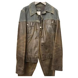 Chanel Runway Fall 2000 calf leather LEATHER DENIM PANTSUIT Brown Blue
