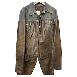 Chanel-Runway Fall 2000 calf leather LEATHER DENIM PANTSUIT-Brown,Blue