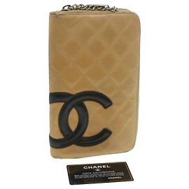 CHANEL Cambon Line Portafoglio Pelle Beige Nero CC Auth 37375 Nero Beige
