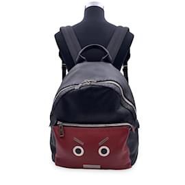 Fendi-Selleria Black Red Leather Unisex Faces No Words Backpack Bag-Black