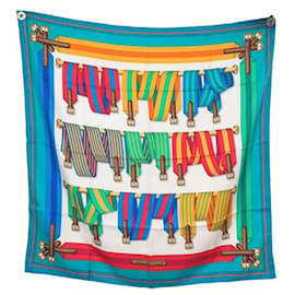 Hermès-HERMES SCARF LES SANGLES BY JOACHIM METZ CARRE 90 TURQUOISE SILK SCARF-Turquoise