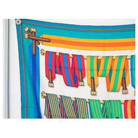 Hermès-HERMES SCARF LES SANGLES BY JOACHIM METZ CARRE 90 TURQUOISE SILK SCARF-Turquoise
