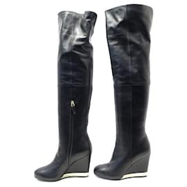 Chanel-CHAUSSURES CHANEL BOTTES G31303 37.5 CUISSARDE TALONS COMPENSES CUIR BOOT-Noir