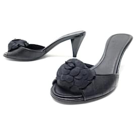 Chanel-NINE CHANEL MULES SHOES WITH CAMELIA HEELS 37.5 QUILTED LEATHER SHOES-Black