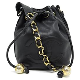 Chanel-VINTAGE SAC A MAIN CHANEL MINI SEAU LOGO CC CUIR CAVIAR LEATHER HAND BAG-Noir