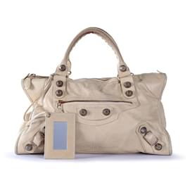 Balenciaga-Balenciaga Beige Leather Studded Large City Bag-Beige