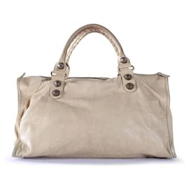 Balenciaga-Balenciaga Beige Leather Studded Large City Bag-Beige