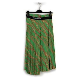 Balenciaga-Balenciaga Green/Gold Ployester Chains Printed Pleated Midi Skirt-Green