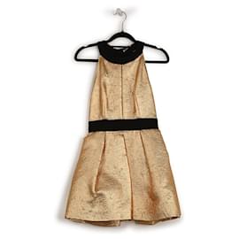 Miu Miu-Mini abito Miu Miu in jacquard oro metallizzato/nylon con scollo all'americana e finiture nere-D'oro,Metallico