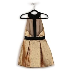 Miu Miu-Miu Miu Metallic Gold Jacquard/Nylon Halter Neck Mini Dress With Black Trims-Golden,Metallic