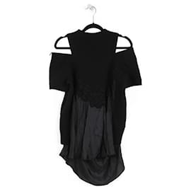 Sacai-Sacai Black Cotton/Satin Sweater Floral Lace With Cutouts & Short Sleeves-Black