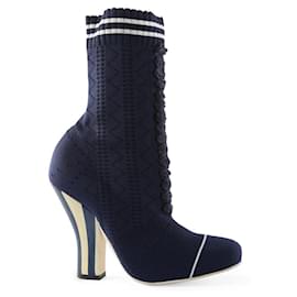 Fendi-Fendi Navy Blue & White Knit Sock Rockoko Openwork Ankle Boots-Blue,Navy blue