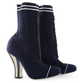 Fendi-Fendi Navy Blue & White Knit Sock Rockoko Openwork Ankle Boots-Blue,Navy blue