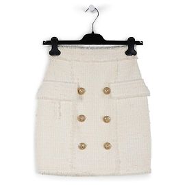 Balmain White Ivory Tweed/Polyamide Mini Skirt With Gold Buttons White Cream