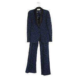 Terno Gucci azul marinho/preto de renda e seda smoking/calça Azul Azul marinho