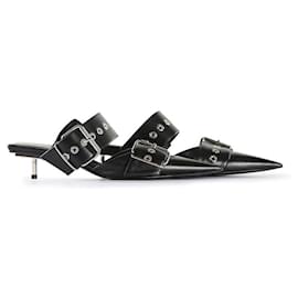 Balenciaga-Balenciaga Black Leather Belted Pointy Toe Kitten Heel Mules-Black