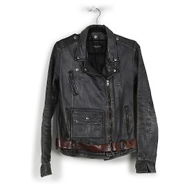 Golden Goose Grey Distressed Leather Biker Jacket With Brown Belt Grey
