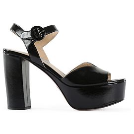Prada Black Saffiano Patent Leather Open Toe Platform Block Heel Sandals Black