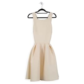 Christian Dior-Christian Dior Ivory Wool Sleeveless Open Criss-Cross Back Mini Dress-White,Cream