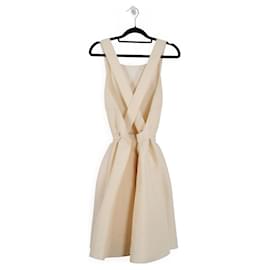 Christian Dior-Christian Dior Ivory Wool Sleeveless Open Criss-Cross Back Mini Dress-White,Cream