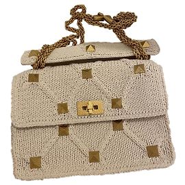 Bolso de mano Valentino Roman Stud Eggshell Algodón Blanco roto