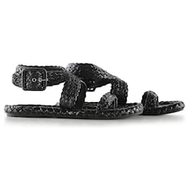 Christian Dior-Christian Dior Sandali infradito in rafia intrecciata nera con cinturino alla caviglia-Nero