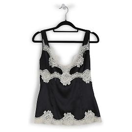 Dolce & Gabbana Canotta in seta nera con pizzo bianco Nero
