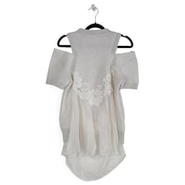 Sacai-Sacai Creamy Cotton/Satin Sweater With Cutouts & Short Sleeves-White,Cream