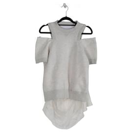 Sacai-Sacai Creamy Cotton/Satin Sweater With Cutouts & Short Sleeves-White,Cream