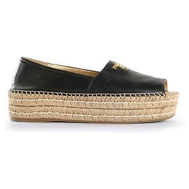 Prada Black Leather Peep Toe Braided Platform Espadrilles Black