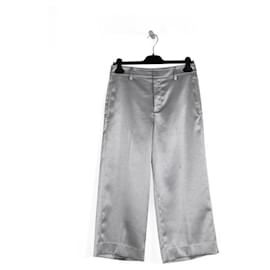 Vince-Vince Metallic Silver Satin/Polyester Wide Cropped Legs Pants-Silvery,Metallic