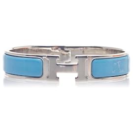 Hermès-Hermes Silver Clic Clac H Bracelet-Silvery,Blue,Light blue
