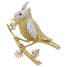 Boucheron-Broche boucheron, "Pájaro en su rama", oro amarillo, Platino.-Otro