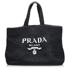 Borsa Prada in rafia nera con logo Nero