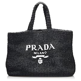 Prada-Prada Black Raffia Logo Tote-Black