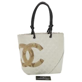 Chanel-CHANEL Cambon Line Tragetasche Lammleder Weiß CC Auth am3907-Weiß