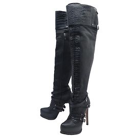 CHRISTIAN DIOR Overknee-Stiefel 38.5 SCHNÜRSTIEFEL AUS SCHWARZEM LEDER Schwarz