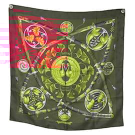 Hermès-HERMES DAIMYO PRINCES OF THE RISING SUN SQUARE SILK JACQUARD SCARF SCARF-Dark red