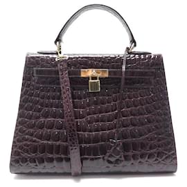 Autre Marque-VINTAGE KELLY TYPE FLAP HANDBAG IN CROCODILE LEATHER SHOULDER HAND BAG-Dark red