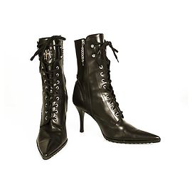 Cesare Paciotti Cesare Pacioti Pointed Black Leather Side Zipper Lace up Booties Heels  sz 40 Black