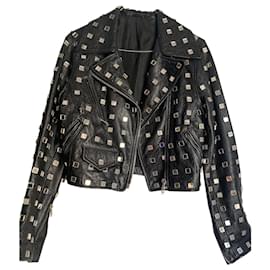 Moschino-Leather jacket with zero flaw encrusted mirror plates-Black