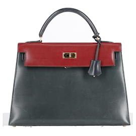 Hermès-Hermès Limited Edition Kelly 32 Handtasche dreifarbig aus Vert Fonce Rouge H & Indigo Box Calf Leder-Schwarz