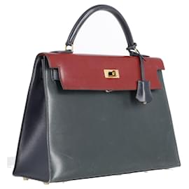 Hermès-Hermès Limited Edition Kelly 32 Handtasche dreifarbig aus Vert Fonce Rouge H & Indigo Box Calf Leder-Schwarz
