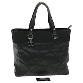 Chanel-CHANEL Paris Biarritz MM Tote Bag Coated Canvas Black CC Auth 37855-Black